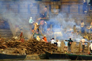 A ceremonial cremation takes place in India.
